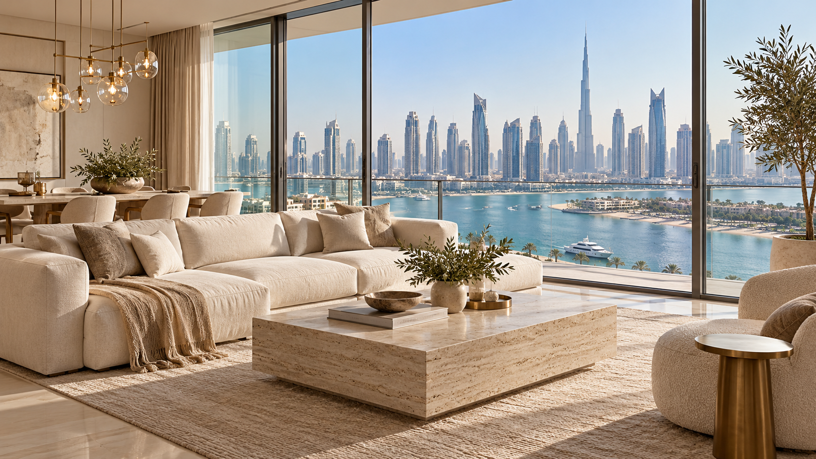 Illustrative Dubai waterfront apartment living room